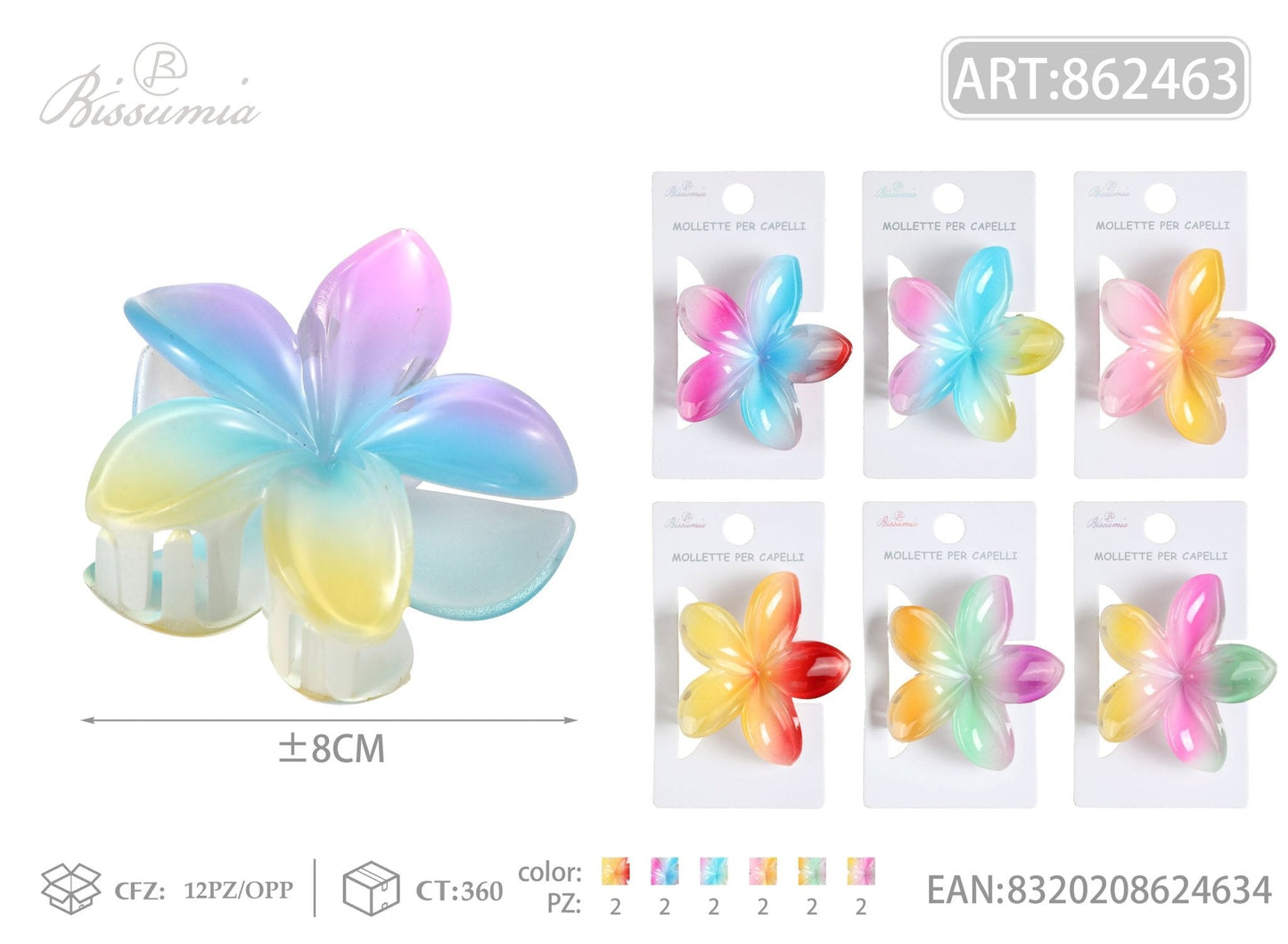 Set 6pz Mollette per Capelli a Fiore Effetto Arcobaleno 8cm - WE MAKE DIY - MILLE COLORI